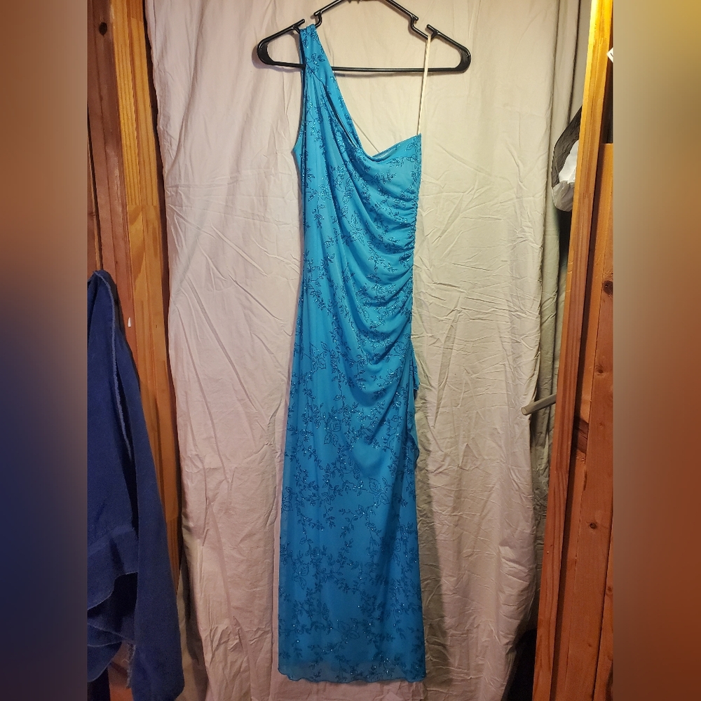 Taboo Blue Asymmetrical Ruched One Shoulder Gown